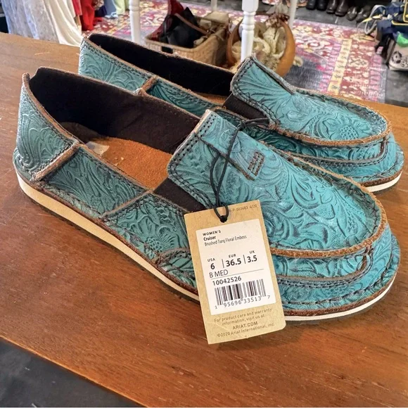 Ariat Blue and Brown Embossed Leather Loafers - Picture 2 of 7